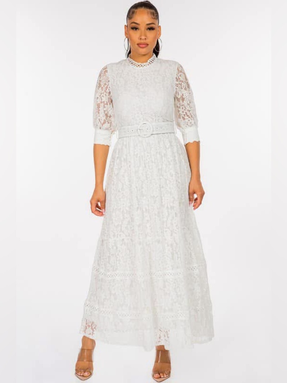 White Lace Maxi Dress with Belted Waist Available in Medium and Large